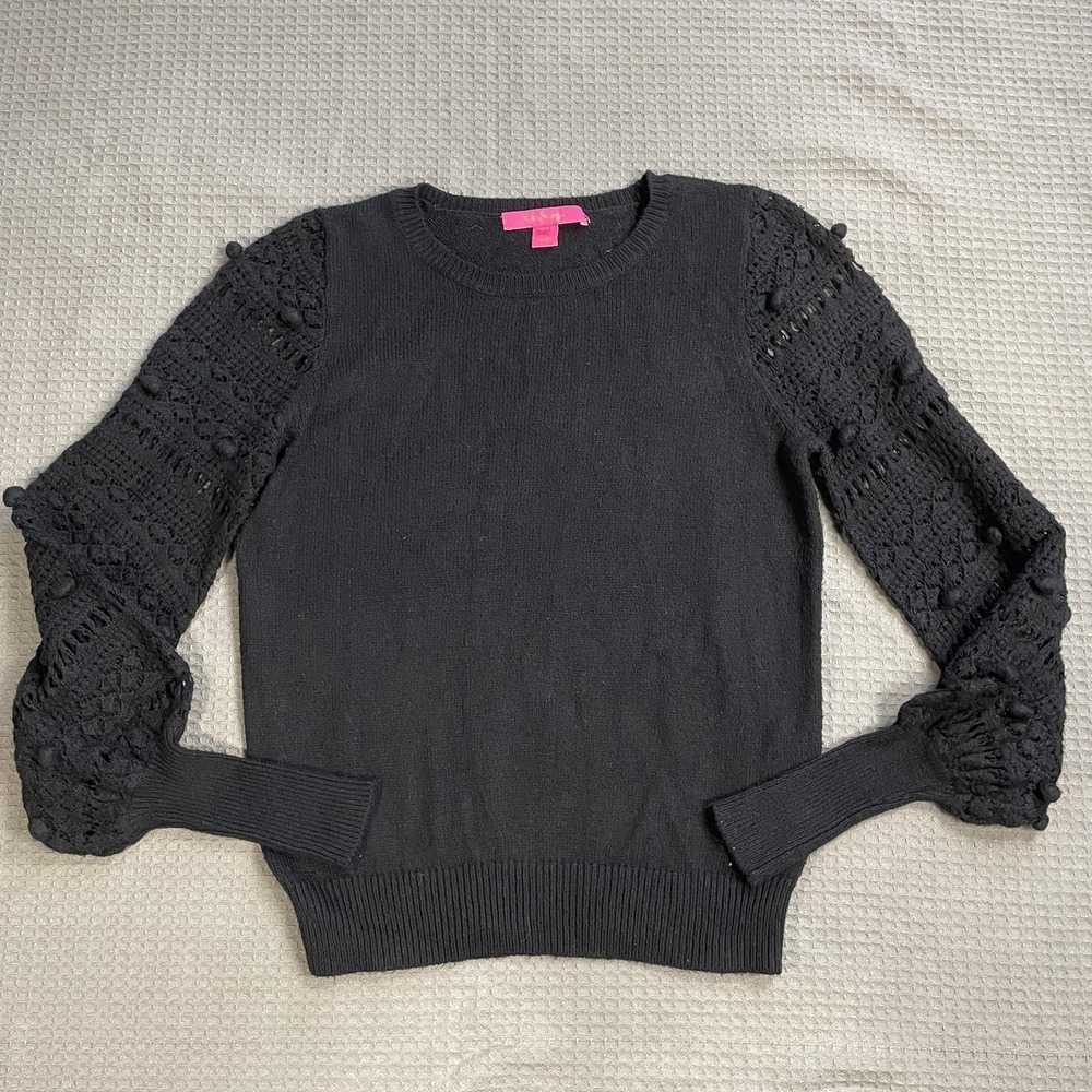 Lilly Pulitzer Lanetta Sweater Small Womens Crochet Sleeve Black Knit